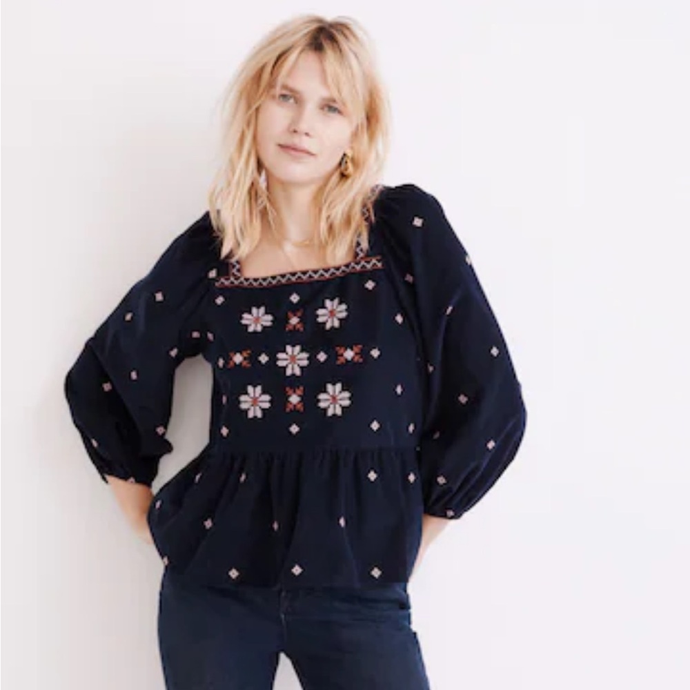 Madewell Embroidered Corduroy Button-Back Peplum Top